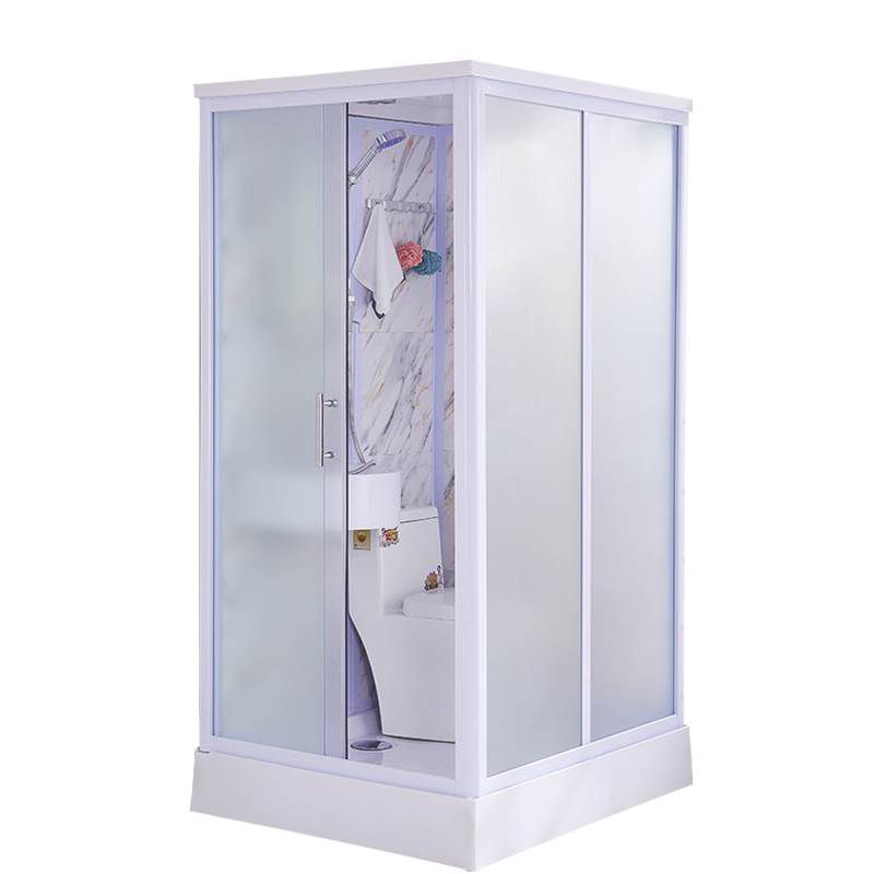 White Single Sliding Shower Kit Rectangle Frosted Shower Stall