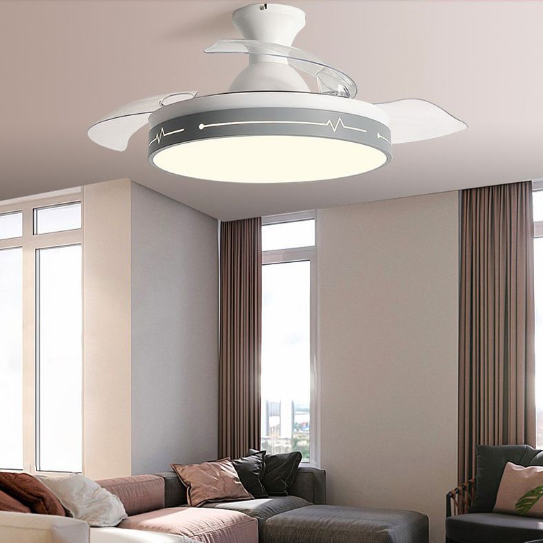 Nordic Drum Shaped Semi Flush Mount Fixture Acrylic Dining Room LED Ceiling Fan Light with Remote