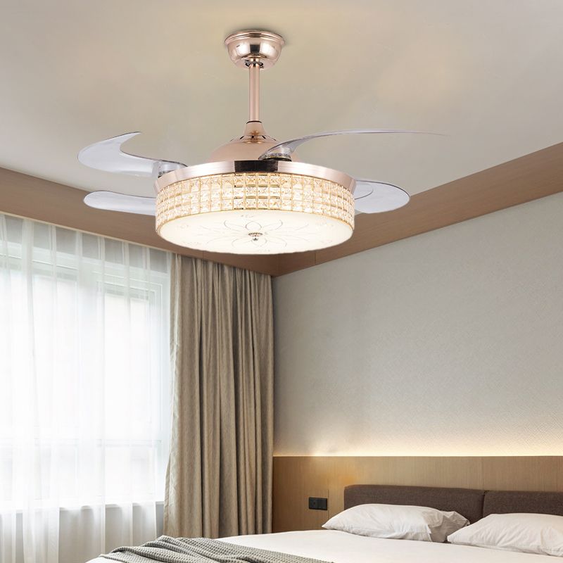 Crystal Round Ceiling Fan Light Contemporary LED Ceiling Mounted Fixture in Silver/Gold with Remote Control/Wall Control/Remote Control and Wall Control