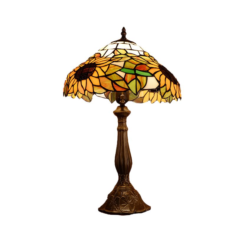 Baroque Bowl Shade Table Light 1-Bulb Hand Cut Glass Sunflower Patterned Nightstand Lighting in Yellow/Orange