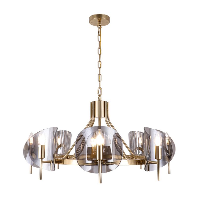 Modern Wagon Wheel Candle Chandelier Light Fixture Clear Glass Shaded Ceiling Chandelier in Gold for Bedroom