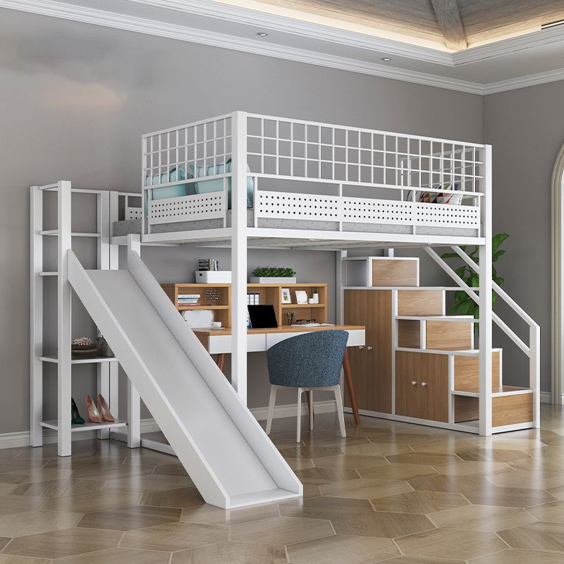 Industrial Style Black / White Loft Bed Iron Kid Bed with Guardrails