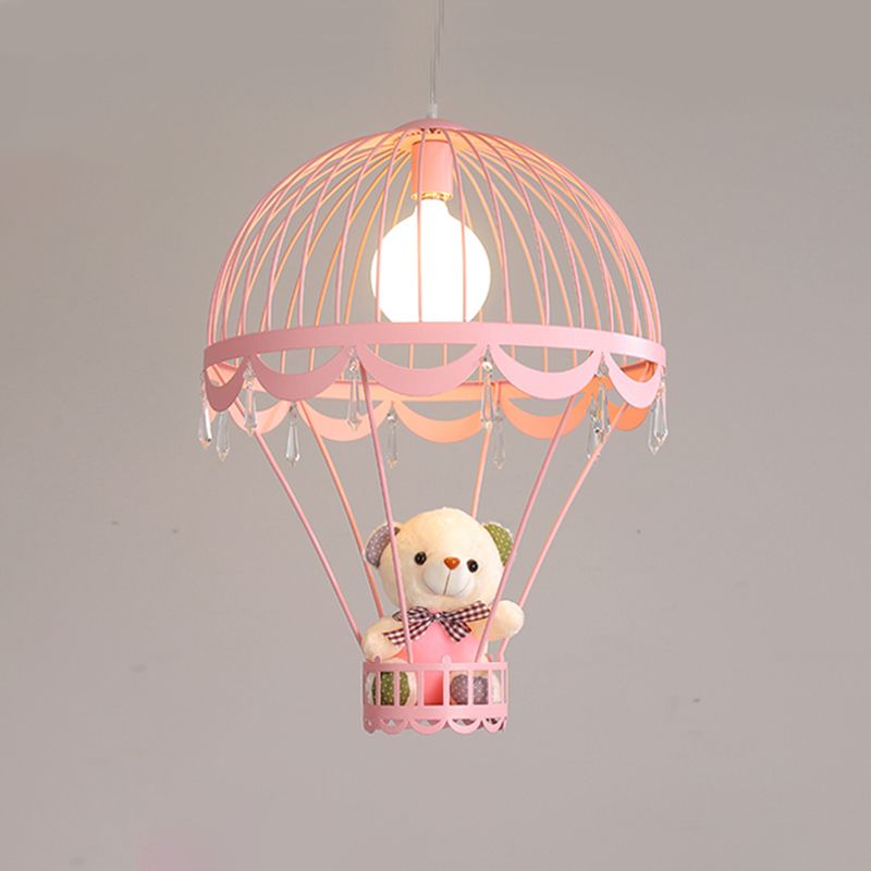 Hot Air Balloon Bedside Ceiling Light Metal Single Cartoon Hanging Lamp with Bear and Crystal Accent