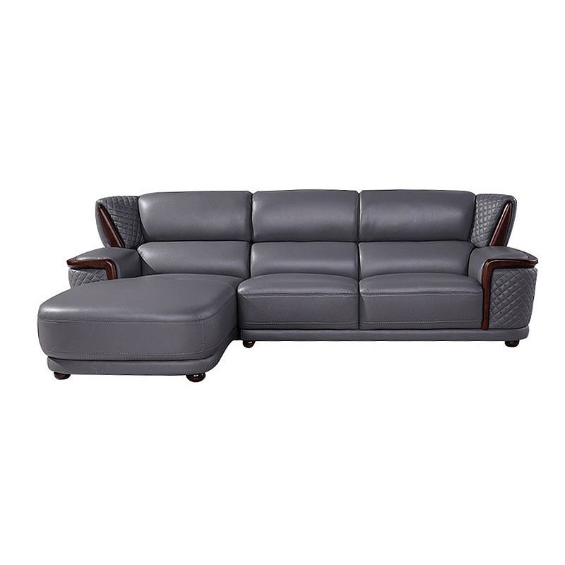 Genuine Leather Sectional Grey Cushion Back Sofa and Chaise for Living Room