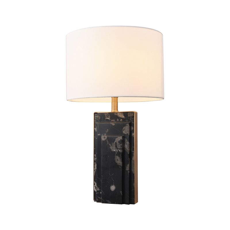 Minimalist Cylindrical Night Lamp Fabric Single Bedside Table Light with Marble Stand in Black/White/Ivory