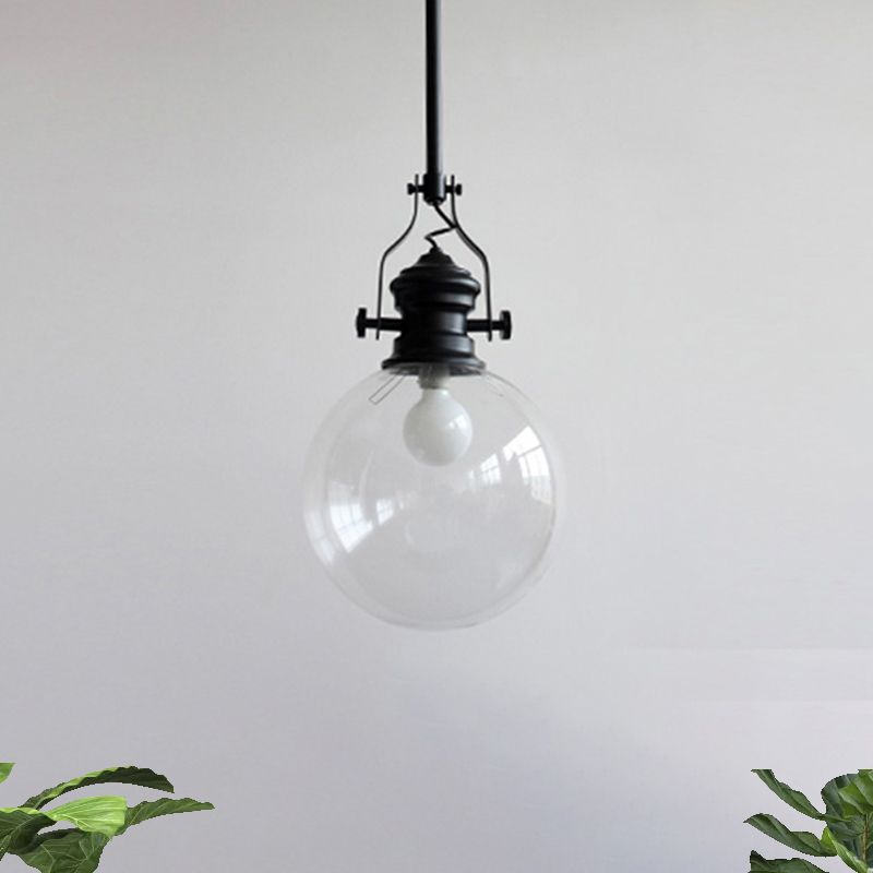 Globe Pendant Light Industrial 8"/10" Wide Single Light Clear Glass Hanging Lamp in Black