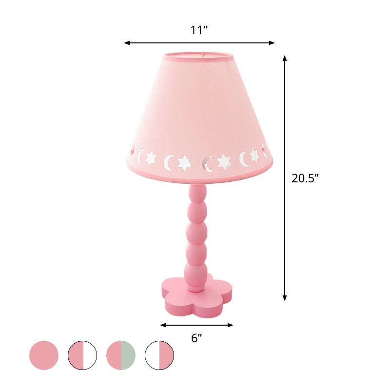 Kids Cone Table Lamp Fabric 1 Light Bedroom Night Light with Cutout Design and Wood Base in Pink/Pink and White/Pink and Green