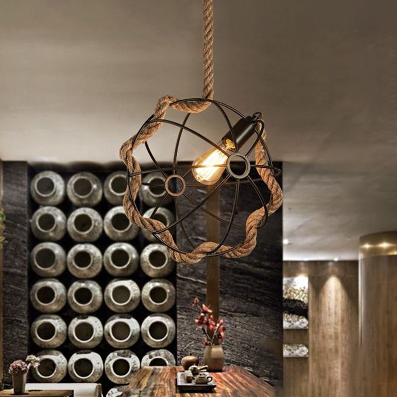 1-Light Metal Pendant Lamp Industrial Black/Pink/Green Globe Cage Restaurant Down Lighting with Rope Cord