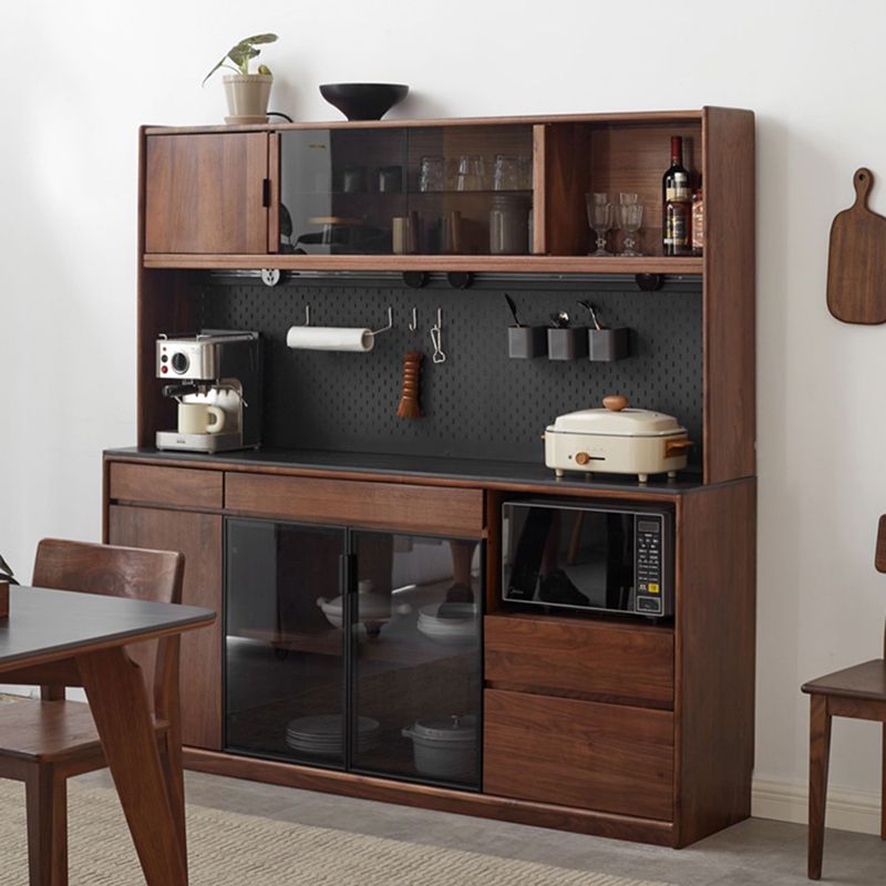 Modern Solid Wood Sideboard with 3 Drawers Glass Door in Brown