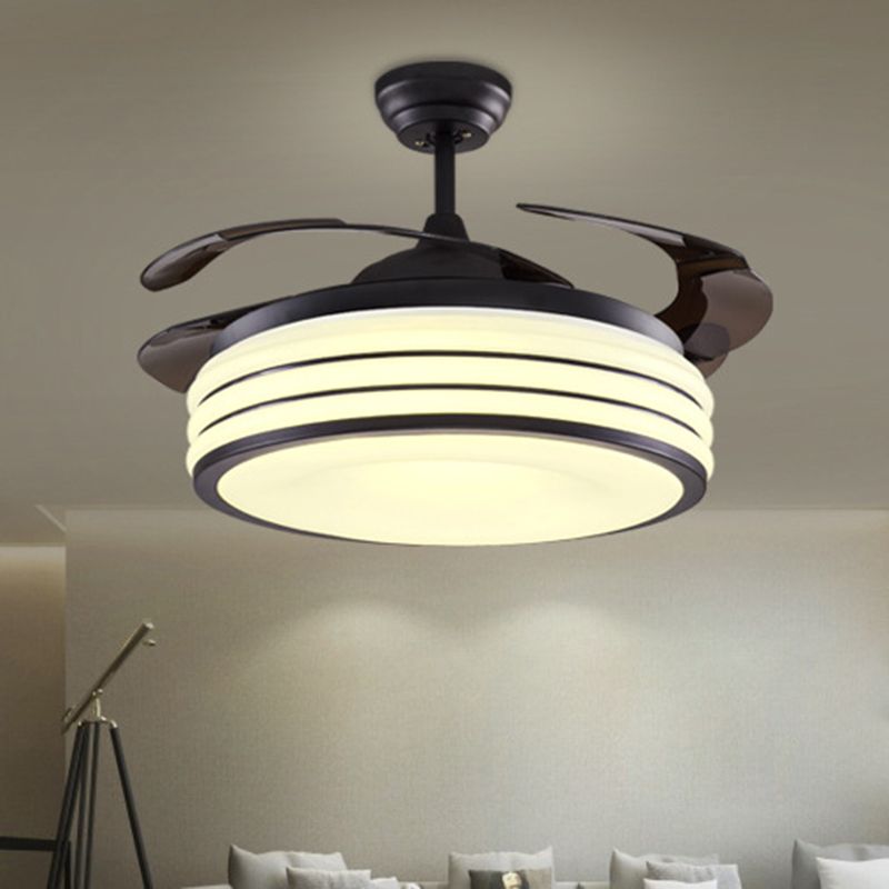 Black/Silver Drum Semi Flush Light Modern Metallic Living Room 42" W LED Ceiling Pendant Fan Lamp with Wall/Remote Control, 4 Blades