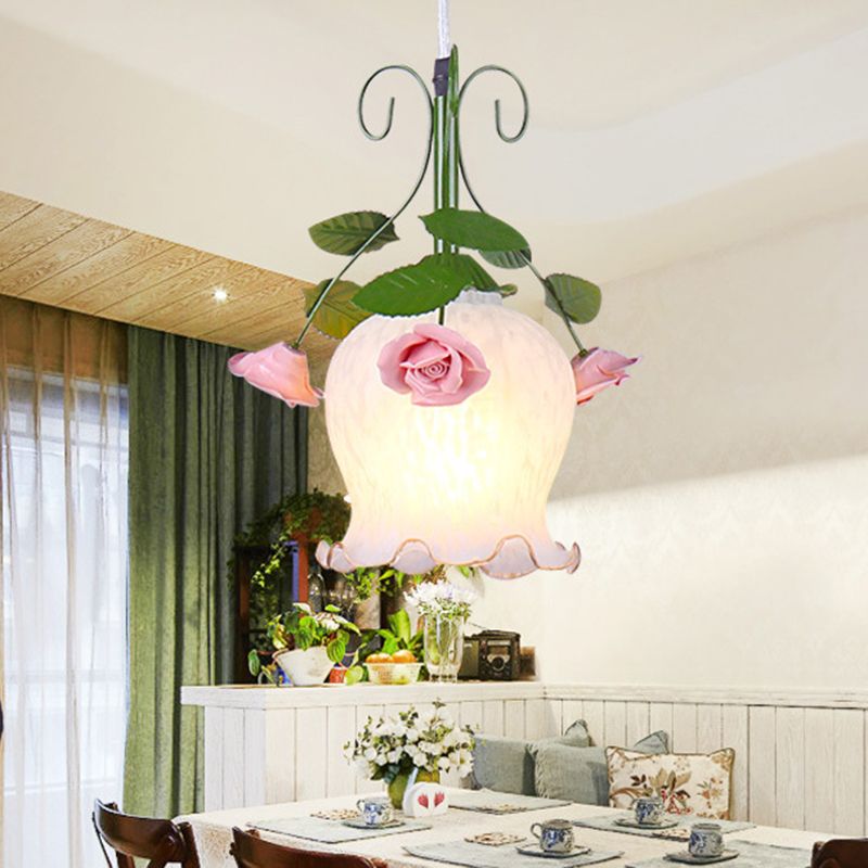 Metal Green Hanging Lamp Flower 1 Light Pastoral Suspension Pendant for Dining Room