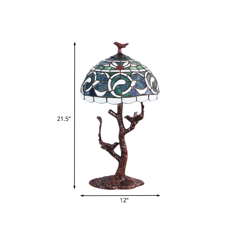 Stained Glass Dome Table Light Tiffany Style 1 Light Coffee Kapok Patterned Night Lamp with Tree Design