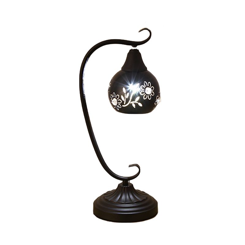 Metal Orb Night Light Minimalism LED Black Night Table Lamp with Hollow-Out Flower Design