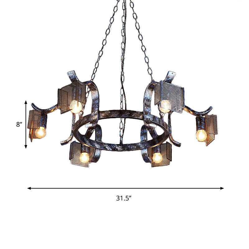 Iron Ring Hanging Light with Mesh Screen Six Heads Rustic Pendant Light in Antique Black for Bar