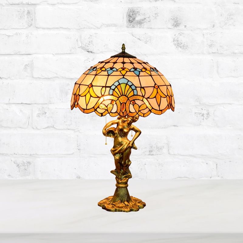 2 Heads Pull Chain Night Light Mediterranean Cone/Dome Beige/Blue-Brown Glass Table Lighting with Bronze Maid Base