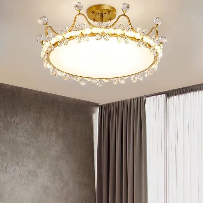 Gold LED Semi Flush Mount Chandelier Metal Ceiling Semi Flush with Crystal Accents