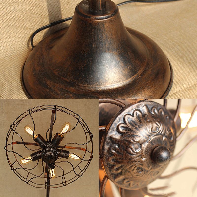 Antike Bronze -Lüfter -Design -Stehlampe mit Käfig Schatten rustikaler Dachboden Schmiedeeisen 5 Lichter Innenbodenleuchte