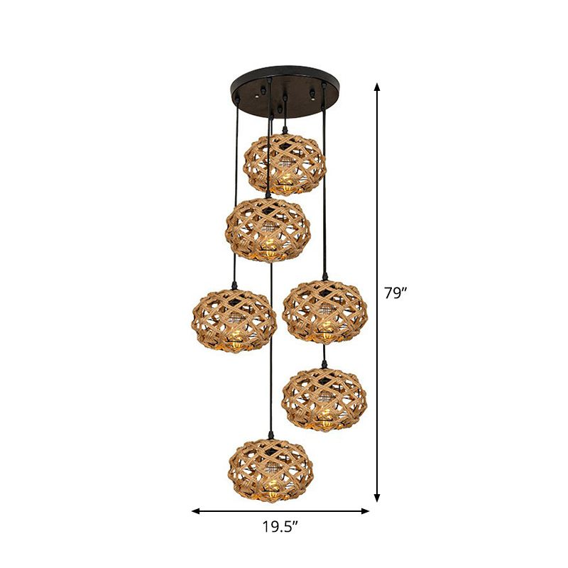 Cross-Woven Rope Cluster Oval Pendant Cottage 3/6 Bulbs Kitchen Bar Round/Linear Canopy Ceiling Hang Light in Brown