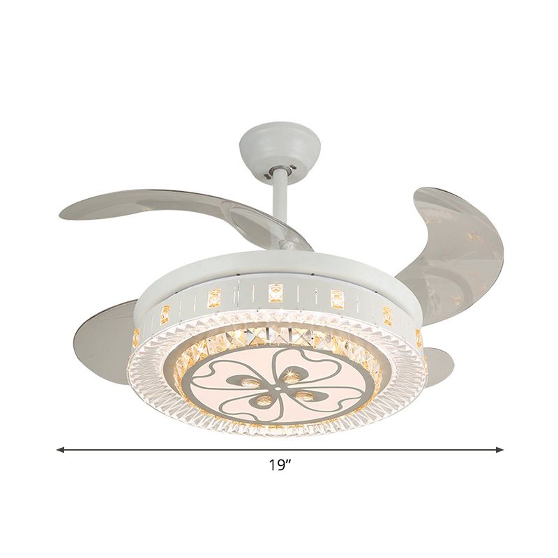 19" Wide White Layered Ceiling Fan Light Modernist LED Crystal Semi Flush Mount, 4 Blades