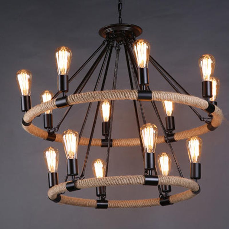 Black Antique Hanging Fixture Circle Wrought Iron Chandelier Pendant Lights