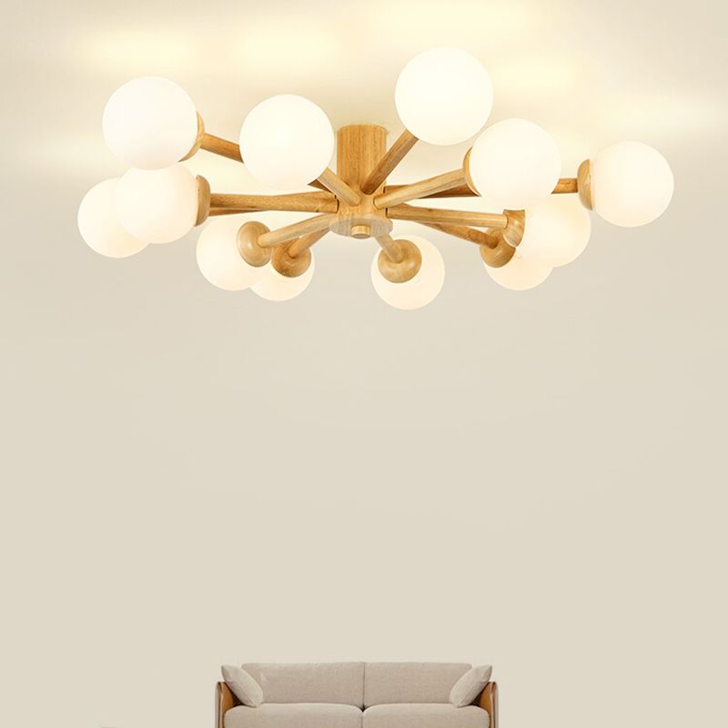 Brown Modern Ceiling Light Ball Shape Wood Flush Mount with Glass Shade for Bedroom