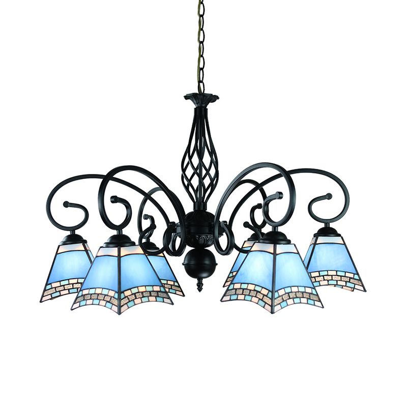 Blue Glass Pyramid Hanging Ceiling Light 6 Lights Nautical Style Suspension Light for Living Room