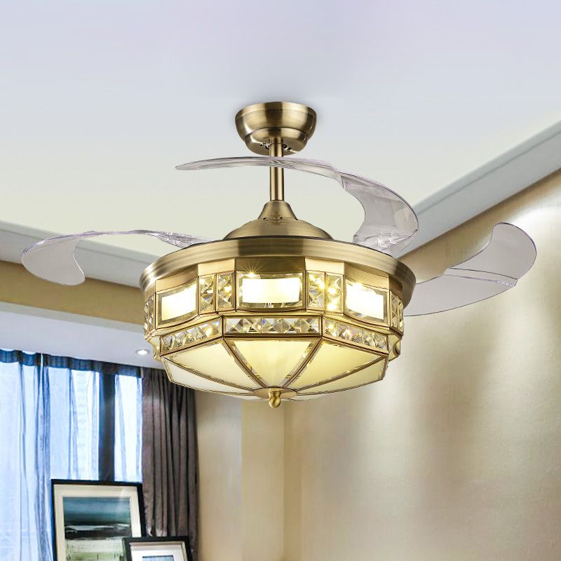 Yurt Shaped Bedroom LED Fan Light Kit Traditional Crystal 3-Blade 42.5" Wide Brass Semi Flush Mount