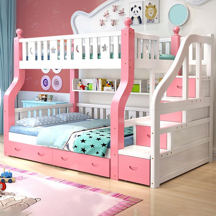 Nordic Solid Wood Standard Bunk Bed in White and Pink with Storage