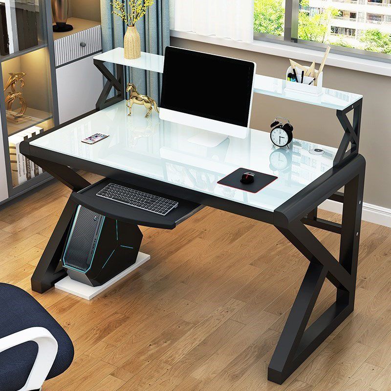 Contemporary Glass Computer Desk Cable Management Rectangular Gaming Desk