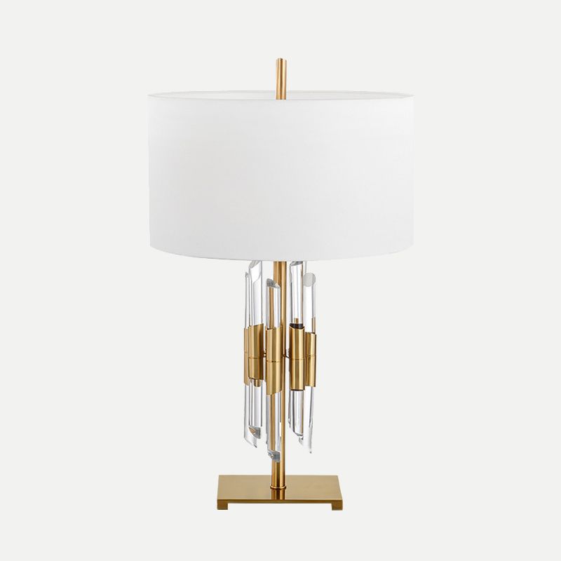 Fabric Cylinder Desk Lamp Modern 1 Head White Table Light, Rectangle Gold Metal Base