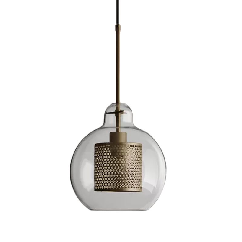 Clear Glass Globe Pendant Colonialism 1 Head Restaurant Down Lighting in Bronze/Silver Gray with Cylinder Metal Mesh, 10"/12" W