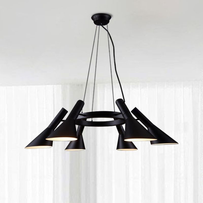 Black 6-Bulb Hanging Chandelier Farmhouse Metal Flared Ring Design Suspension Lighting Fixture for Bedroom