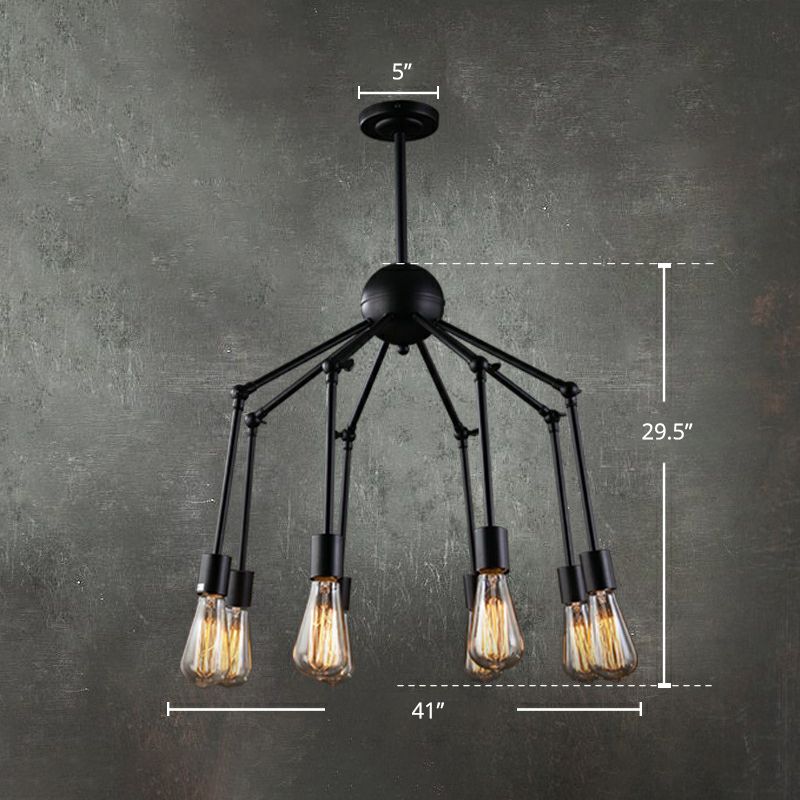 Iron Exposed Bulb Chandelier Lighting Loft Style Restaurant Hanging Lamp with Swing Arm in Black