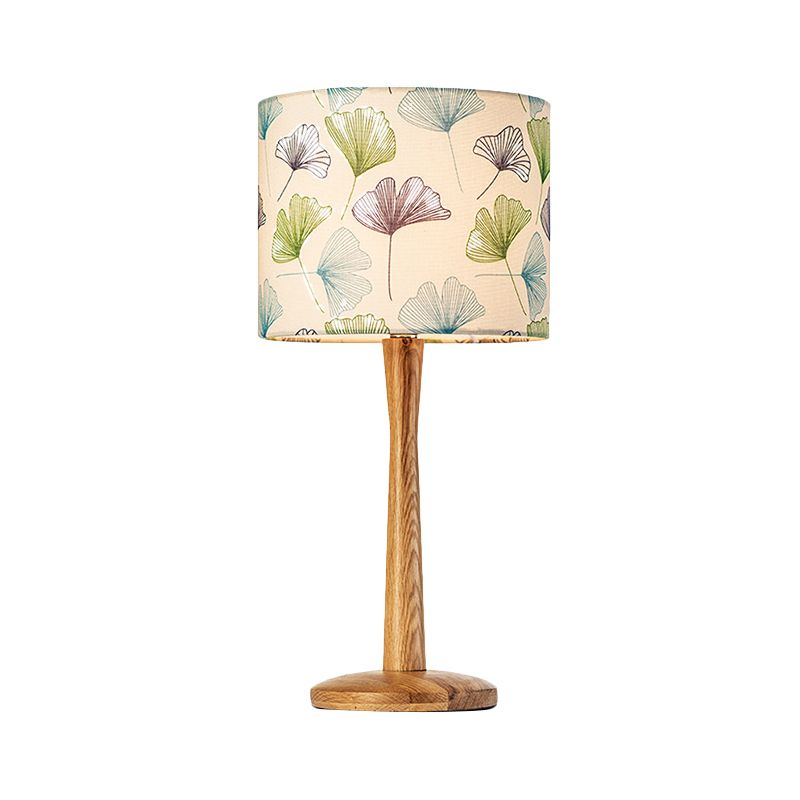 Wood Barrel Study Lamp Modernism 1 Head Fabric Task Lighting with Butterfly/Flower Pattern