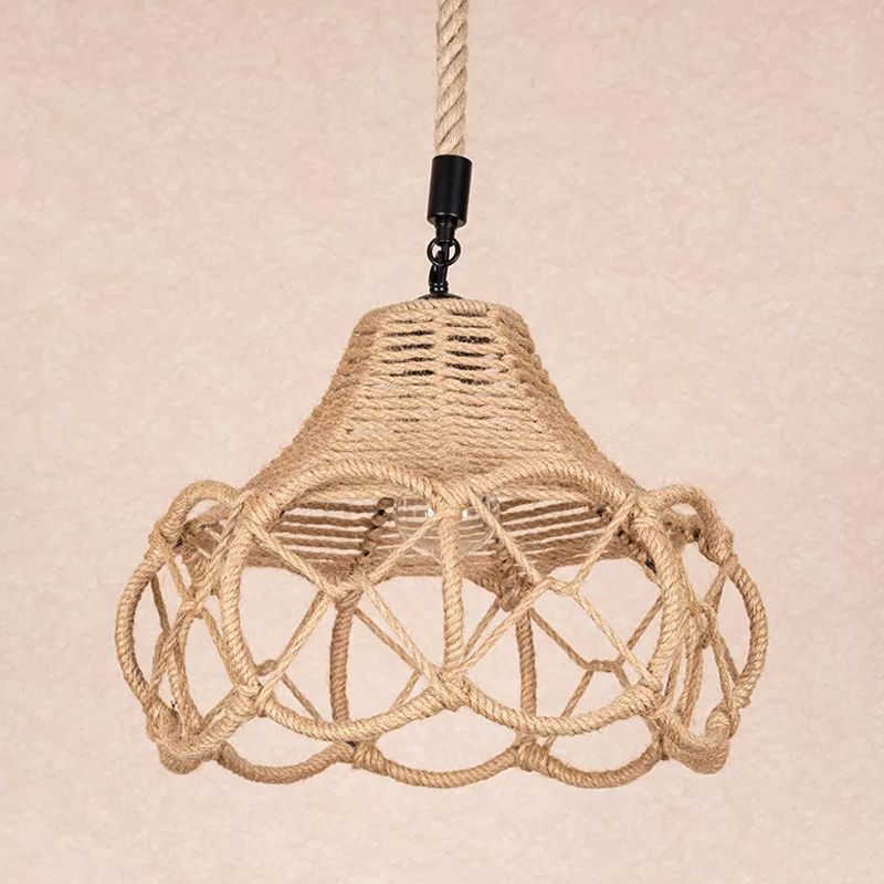 Brown Single-Bulb Pendant Light Fixture Lodge Hemp Rope Hand-Knit Floral Hanging Ceiling Light