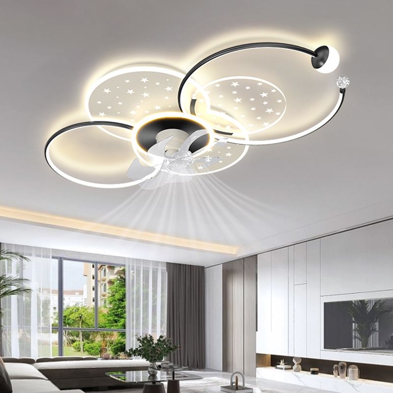 LED Ceiling Fan in Black and White Metal & Acrylic Interior Geometric Fan Light Fixture