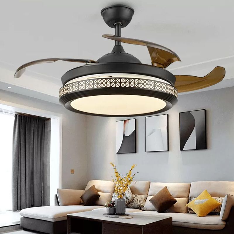 4-blade Hollow-Out Circle Semi Flush Contemporary Acryl 20 "brede LED Black Pendant Fan Light Fecture