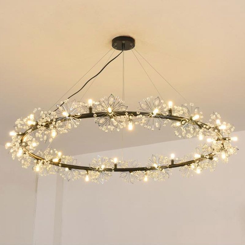 Circle Crystal Beaded Hanging Chandelier Minimalist Black 20.5"/26"/34" Wide LED Ceiling Lamp