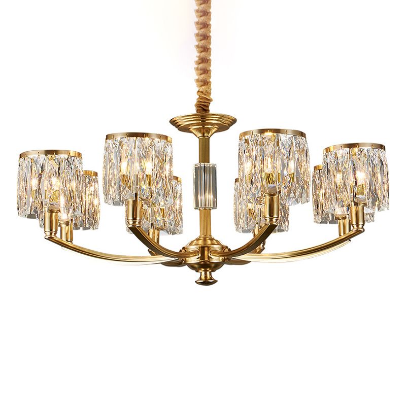 Brass Arced Arm Hanging Lamp Modern Metal Chandelier with Prismatic Crystal Shade