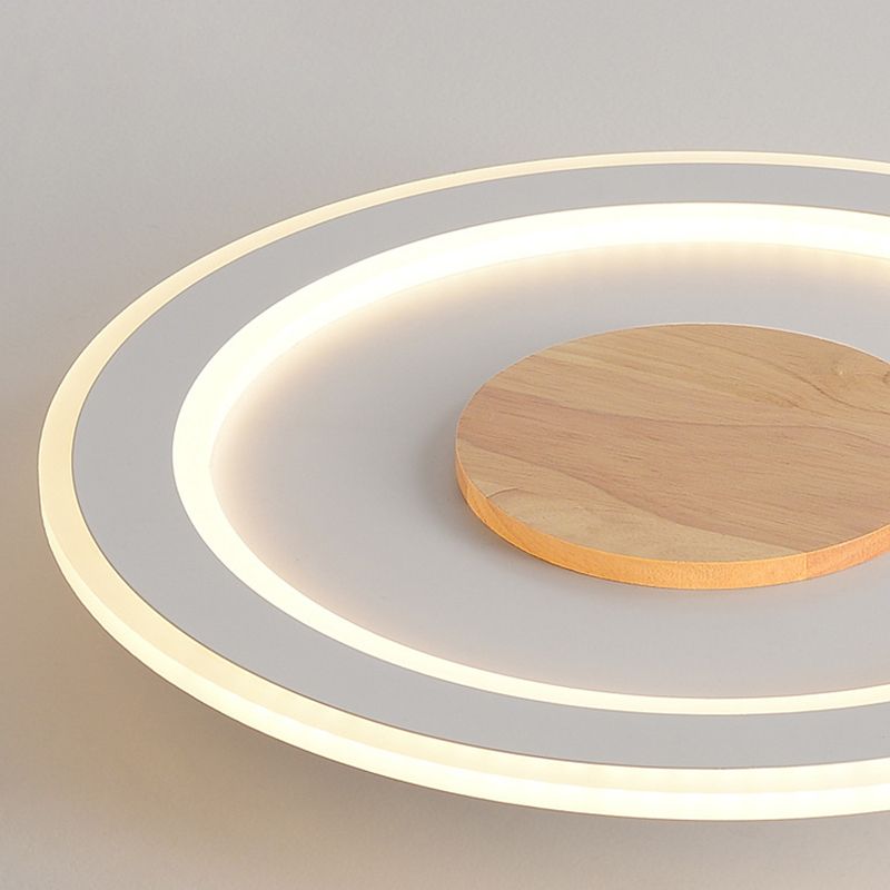 White Circle Flush Light Modern Wood LED Ceiling Light Fixture for Bedroom