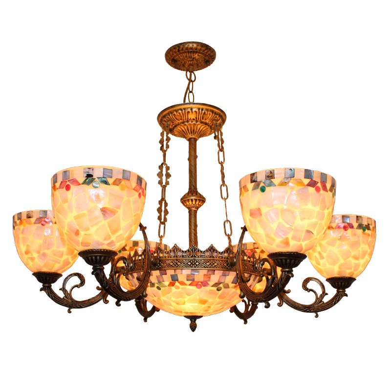 Stained Glass Bronze Chandelier Light Fixture Bowl Shape Baroque Hanging Chandelier