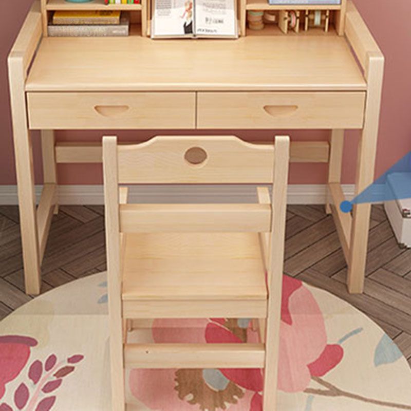 Pine Solid Wood Study Desk Table and Chair Set with Storage Shelves