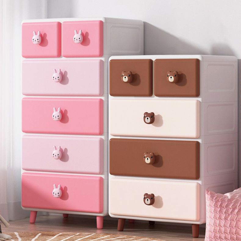 Northern European Vertical Kids Nightstand Pink/Brown Plastic Nursery Dresser for Room