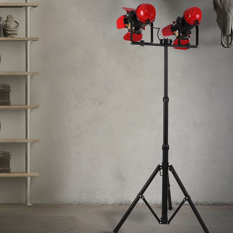 2 Light Floor Lamp Retro Industrial Tripod Design Metallic Standing Floor Light in Red for Studio