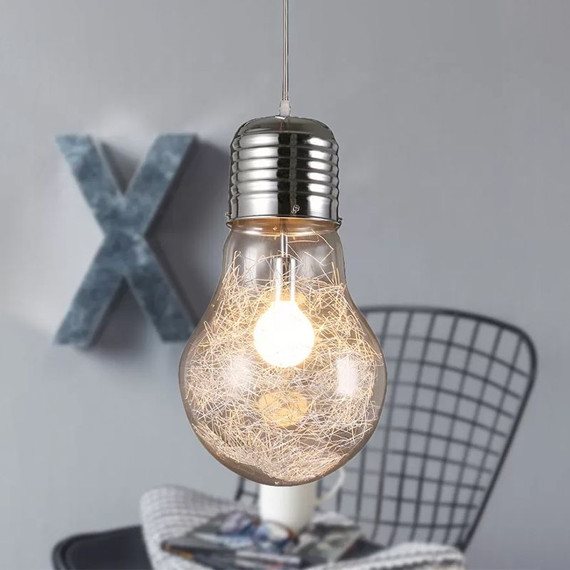 Bulb Shaped Pendant Lighting Industrial 1 Light Clear Glass Hanging Ceiling Light in Chrome, 6"/8.5"/12" Wide