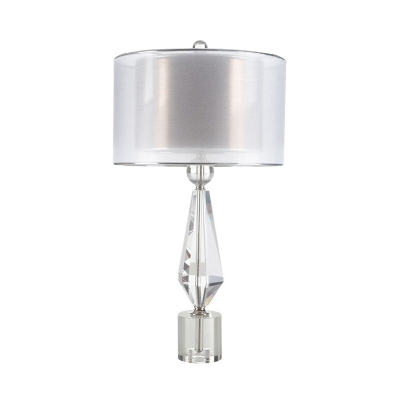 Fabric Cylinder Desk Light Modernist 1 Bulb White Night Table Lamp with Clear Crystal Base