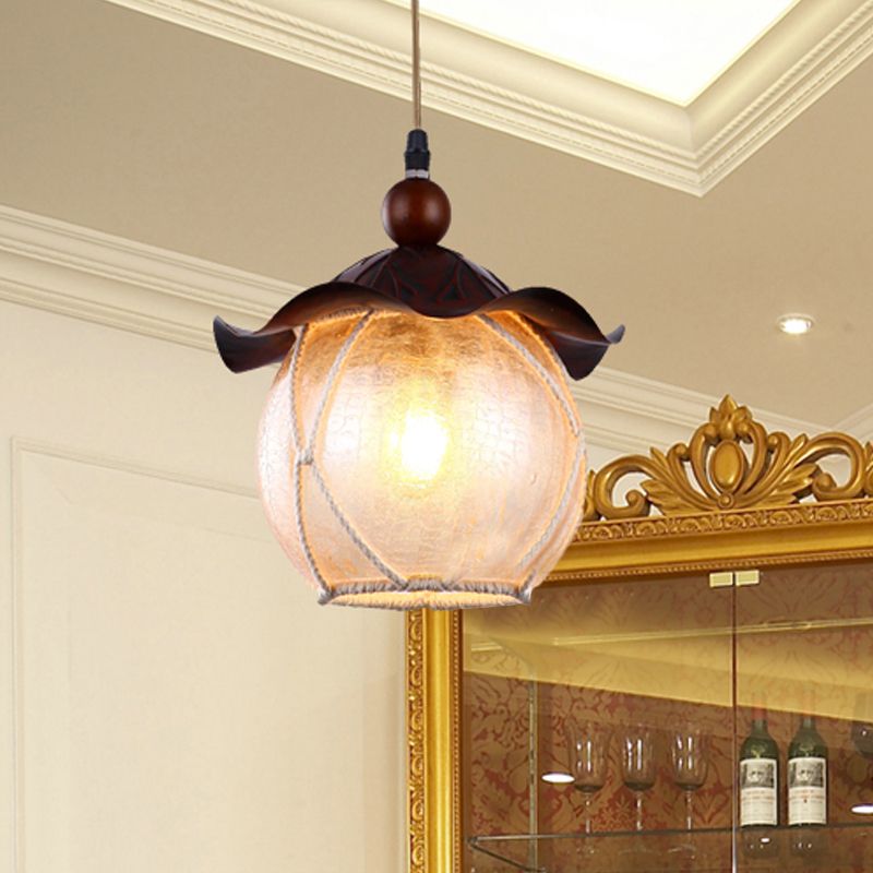 Globe Yellow Crackle Glass Hanging Lamp Traditional 1 Head Corridor Suspension Pendant in Brown with Scalloped Shade