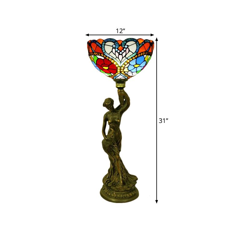 Table de bol Éclairage 1 tête en vitrail Petal baroque / libellule lampe de nuit à motifs en laiton avec résine Naked Woman Base