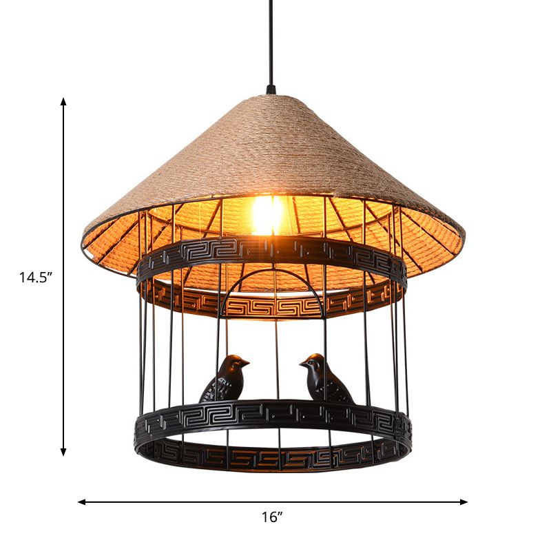 Metallic Black Hanging Lamp Bird Cage Single Bulb Antique Drop Pendant with Conical Rope Shade