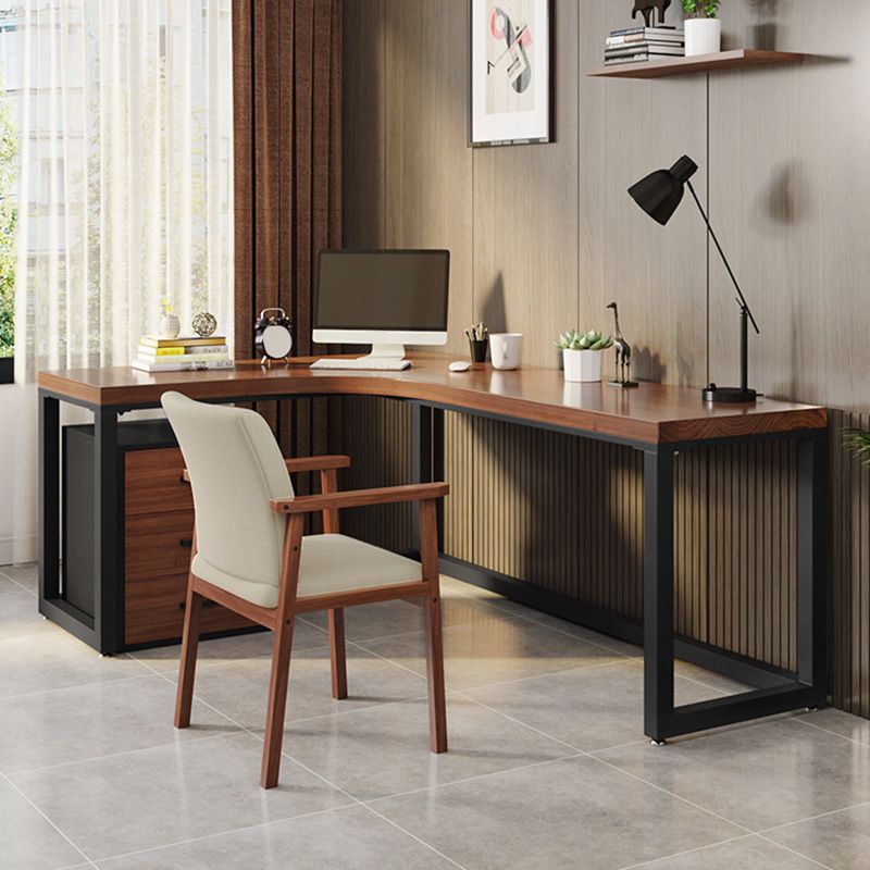 Modern L-Shape Office Desk Brown Writing Desk with Metal Legs